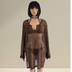 Athletic Works Plus Size Brown Crochet Beach Coverups, One Size